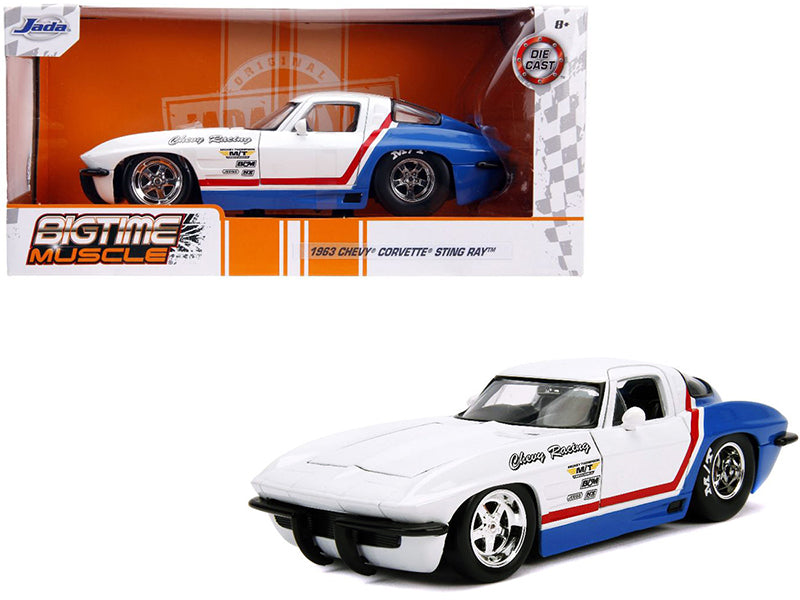 1963 Chevrolet Corvette Stingray White and Blue with Red Stripe 'Chevy Racing' 'Bigtime Muscle' 1/24 Diecast Model Car by Jada
