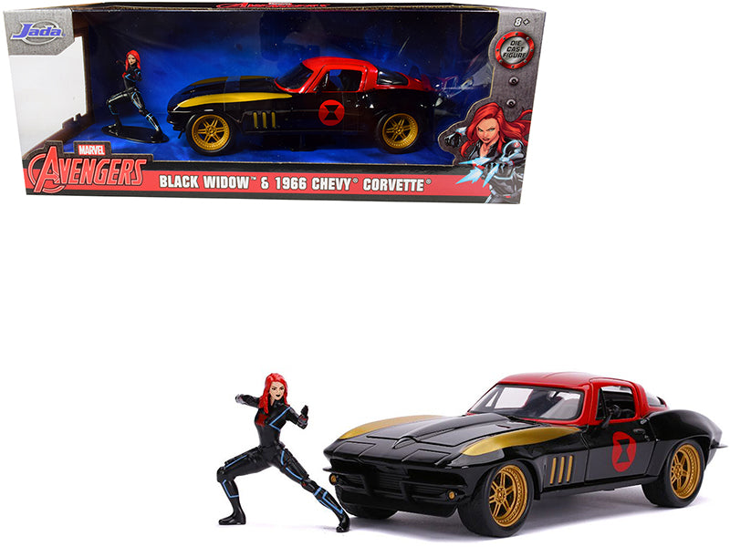 1966 Chevrolet Corvette with Black Widow Diecast Figurine 'Avengers' 'Marvel' Series 1/24 Diecast Model Car by Jada