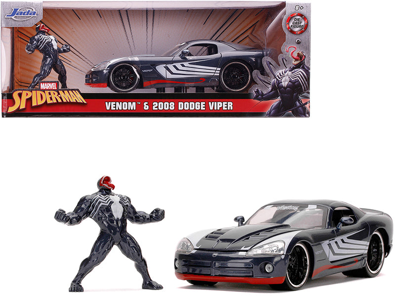 2008 Dodge Viper SRT10 Dark Gray with Venom Diecast Figurine 'Spider-Man' 'Marvel' Series 1/24 Diecast Model Car by Jada