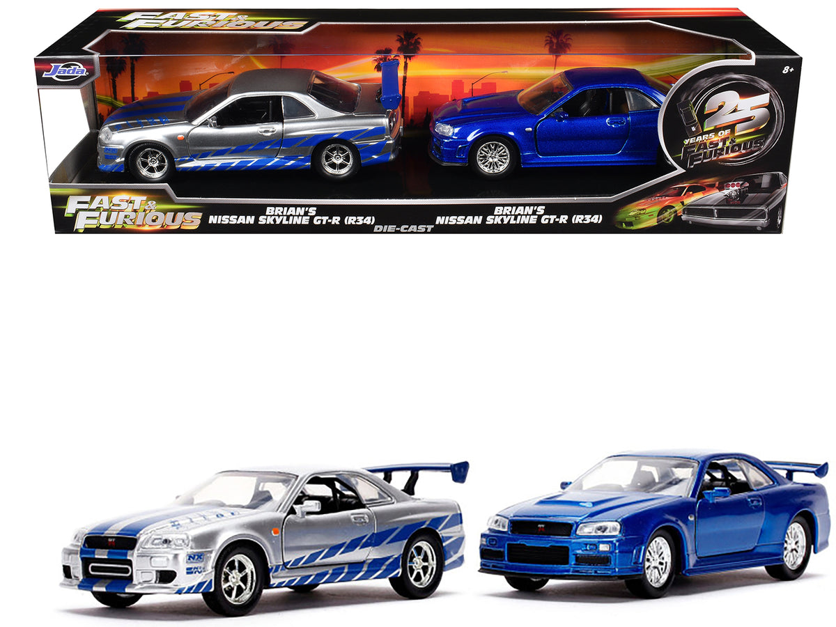 Brian's Nissan Skyline GT-R (BNR34) Silver with Blue Stripes and Nissan GT-R (BNR34) Blue Metallic Set of 2 pieces '25 Years of Fast & Furious' Series 1/32 Diecast Model Cars by Jada