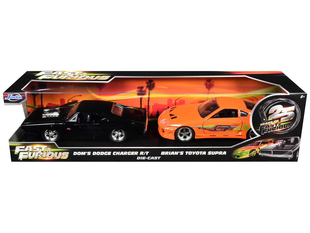 Dom's Dodge Charger R/T Black and Brian's Toyota Supra Orange Set of 2 pieces '25 Years of Fast & Furious' Series 1/32 Diecast Model Cars by Jada