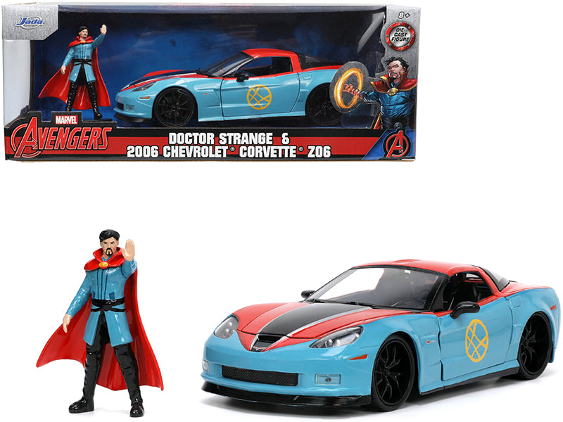 2006 Chevrolet Corvette Z06 Red and Blue with Doctor Strange Diecast Figurine 'Avengers' 'Marvel' Series 'Hollywood Rides' 1/24 Diecast Model Car by Jada