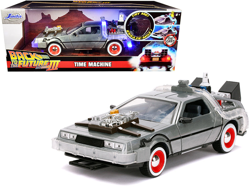 DeLorean Brushed Metal Time Machine with Lights 'Back to the Future Part III' (1990) Movie 'Hollywood Rides' Series 1/24 Diecast Model Car by Jada
