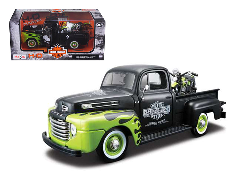 1948 Ford F-1 Pickup Truck 'Harley Davidson' with 1948 Harley Davidson FL Panhead Motorcycle Black and Green 1/24 Diecast Models by Maisto