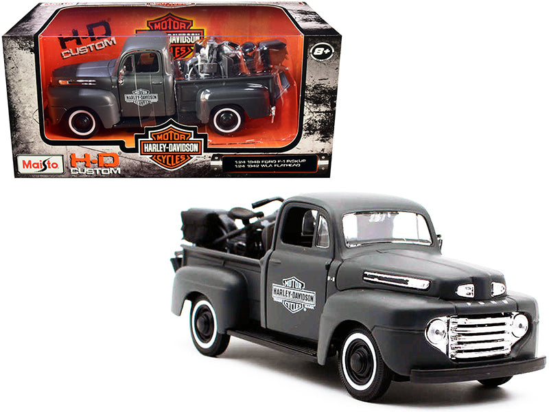 1948 Ford F-1 Pickup Truck and 1942 Harley-Davidson WLA Flathead Motorcycle Matt Dark Gray 'Harley-Davidson Custom' 1/24 Diecast Models by Maisto