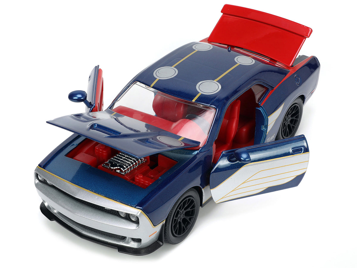 2015 Dodge Challenger SRT Hellcat Dark Blue with Graphics and Red Interior and Thor Diecast Figure 'The Mighty Thor' 'Marvel' Series 1/24 Diecast Model Car by Jada