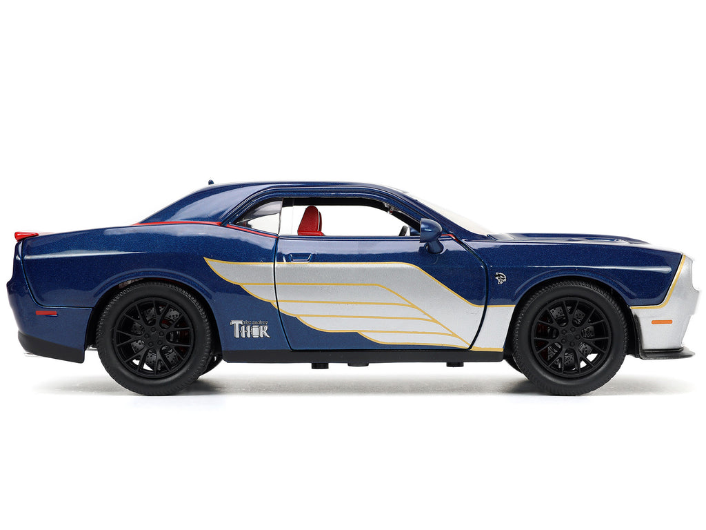 2015 Dodge Challenger SRT Hellcat Dark Blue with Graphics and Red Interior and Thor Diecast Figure 'The Mighty Thor' 'Marvel' Series 1/24 Diecast Model Car by Jada