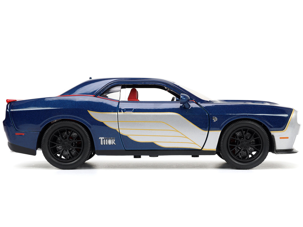 2015 Dodge Challenger SRT Hellcat Dark Blue with Graphics and Red Interior and Thor Diecast Figure 'The Mighty Thor' 'Marvel' Series 1/24 Diecast Model Car by Jada