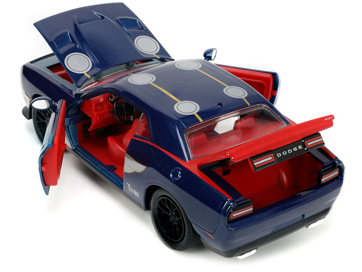 2015 Dodge Challenger SRT Hellcat Dark Blue with Graphics and Red Interior and Thor Diecast Figure 'The Mighty Thor' 'Marvel' Series 1/24 Diecast Model Car by Jada