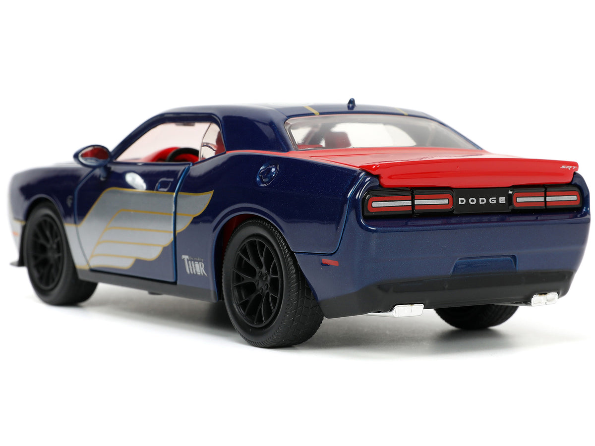 2015 Dodge Challenger SRT Hellcat Dark Blue with Graphics and Red Interior and Thor Diecast Figure 'The Mighty Thor' 'Marvel' Series 1/24 Diecast Model Car by Jada