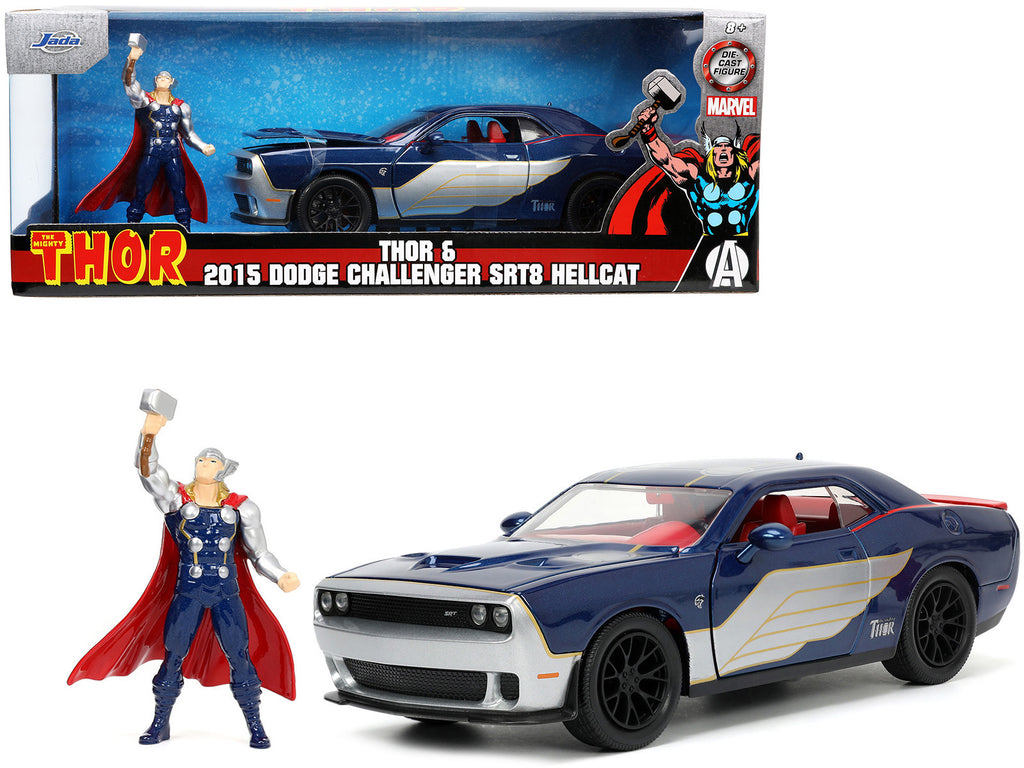 2015 Dodge Challenger SRT Hellcat Dark Blue with Graphics and Red Interior and Thor Diecast Figure 'The Mighty Thor' 'Marvel' Series 1/24 Diecast Model Car by Jada