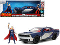 2015 Dodge Challenger SRT Hellcat Dark Blue with Graphics and Red Interior and Thor Diecast Figure 'The Mighty Thor' 'Marvel' Series 1/24 Diecast Model Car by Jada