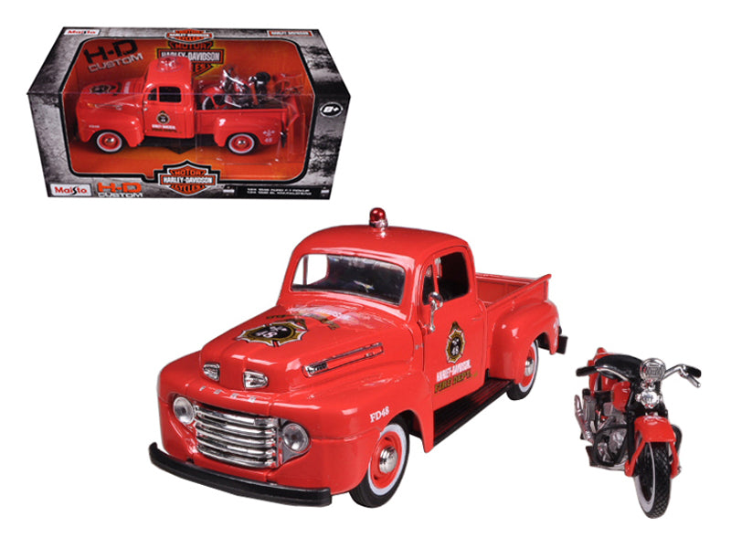 1948 Ford F-1 Pickup Truck 'Harley Davidson' Fire Truck and 1936 El Knucklehead Motorcycle 1/24 Diecast Models by Maisto