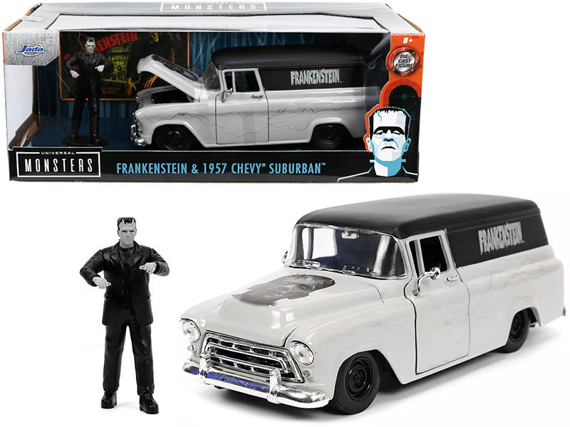1957 Chevrolet Suburban Gray and Black with Graphics and Frankenstein Diecast Figurine 'Universal Monsters' 'Hollywood Rides' Series 1/24 Diecast Model Car by Jada