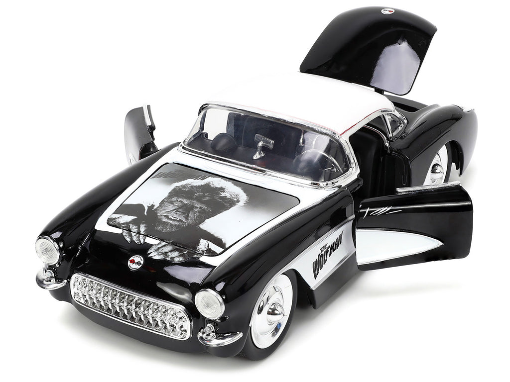 1957 Chevrolet Corvette Black with White Top and Wolfman Diecast Figure 'Universal Monsters' 'Hollywood Rides' Series 1/24 Diecast Model Car by Jada