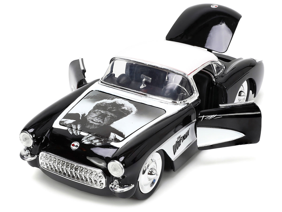 1957 Chevrolet Corvette Black with White Top and Wolfman Diecast Figure 'Universal Monsters' 'Hollywood Rides' Series 1/24 Diecast Model Car by Jada