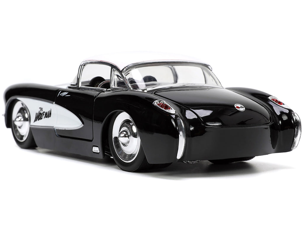 1957 Chevrolet Corvette Black with White Top and Wolfman Diecast Figure 'Universal Monsters' 'Hollywood Rides' Series 1/24 Diecast Model Car by Jada