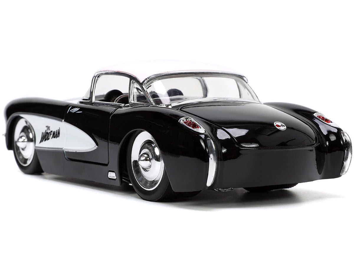 1957 Chevrolet Corvette Black with White Top and Wolfman Diecast Figure 'Universal Monsters' 'Hollywood Rides' Series 1/24 Diecast Model Car by Jada