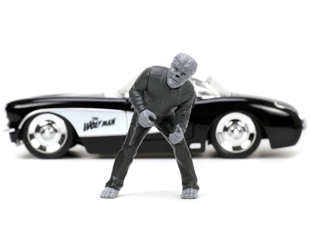 1957 Chevrolet Corvette Black with White Top and Wolfman Diecast Figure 'Universal Monsters' 'Hollywood Rides' Series 1/24 Diecast Model Car by Jada