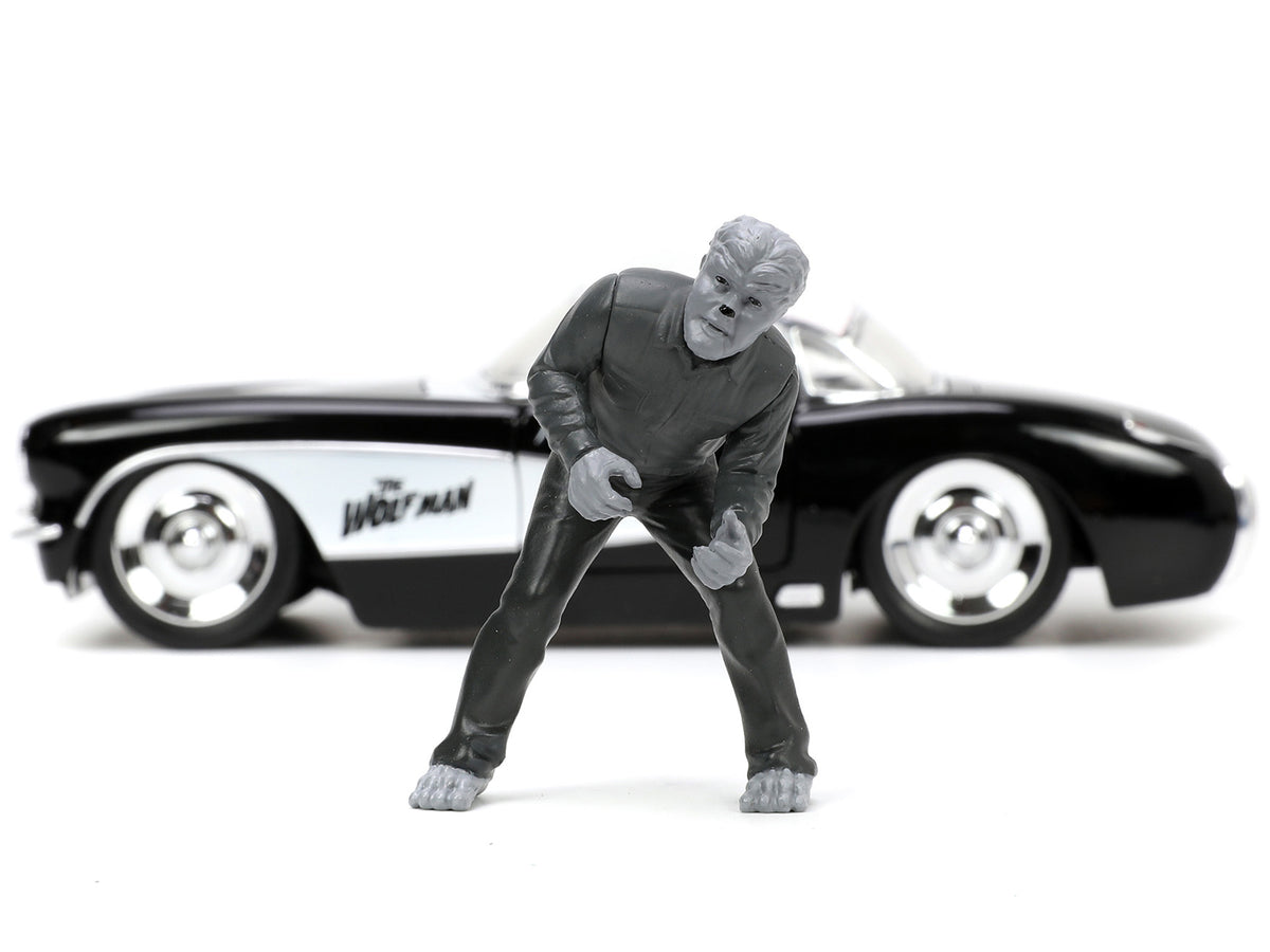 1957 Chevrolet Corvette Black with White Top and Wolfman Diecast Figure 'Universal Monsters' 'Hollywood Rides' Series 1/24 Diecast Model Car by Jada