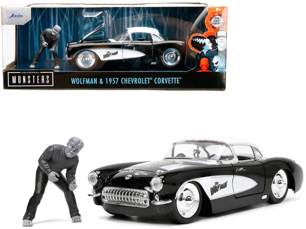 1957 Chevrolet Corvette Black with White Top and Wolfman Diecast Figure 'Universal Monsters' 'Hollywood Rides' Series 1/24 Diecast Model Car by Jada