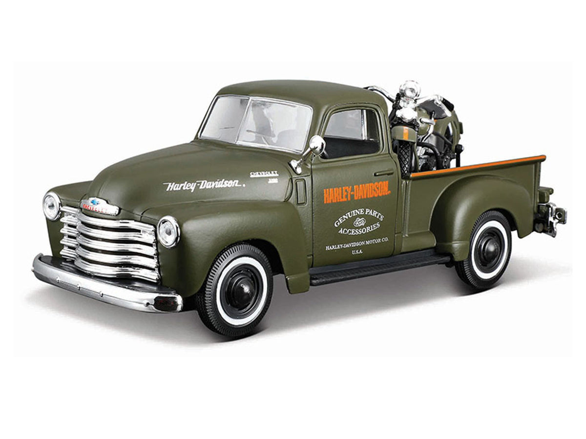 1950 Chevrolet 3100 Pickup Truck 'Harley Davidson' Matt Green with 1936 Harley Davidson El Knucklehead Motorcycle Matt Green 'HD Custom' Series 1/24 Diecast Model Car by Maisto