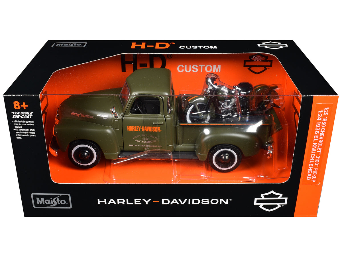 1950 Chevrolet 3100 Pickup Truck 'Harley Davidson' Matt Green with 1936 Harley Davidson El Knucklehead Motorcycle Matt Green 'HD Custom' Series 1/24 Diecast Model Car by Maisto