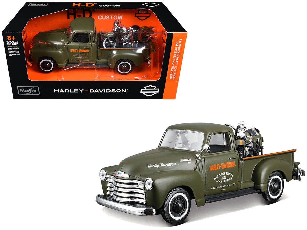 1950 Chevrolet 3100 Pickup Truck 'Harley Davidson' Matt Green with 1936 Harley Davidson El Knucklehead Motorcycle Matt Green 'HD Custom' Series 1/24 Diecast Model Car by Maisto