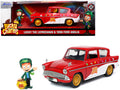 1959 Ford Anglia Red and White with Lucky the Leprechaun Diecast Figurine 'Lucky Charms' 1/24 Diecast Model Car by Jada