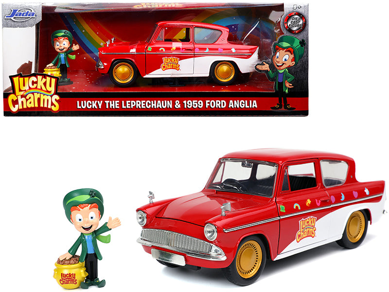 1959 Ford Anglia Red and White with Lucky the Leprechaun Diecast Figurine 'Lucky Charms' 1/24 Diecast Model Car by Jada