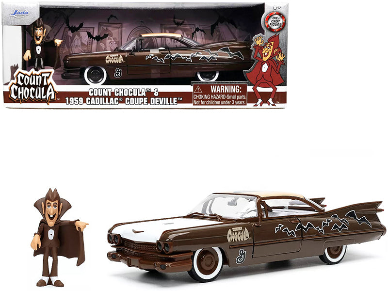 1959 Cadillac Coupe DeVille Brown and White with Graphics and Count Chocula Diecast Figurine 'Hollywood Rides' Series 1/24 Diecast Model Car by Jada