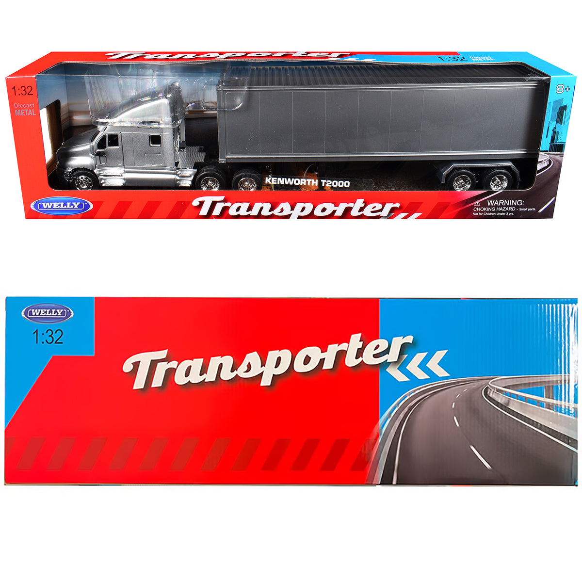 Kenworth T2000 Truck Silver Metallic with Gray Container 'Transporter' Series 1/32 Diecast Model by Welly