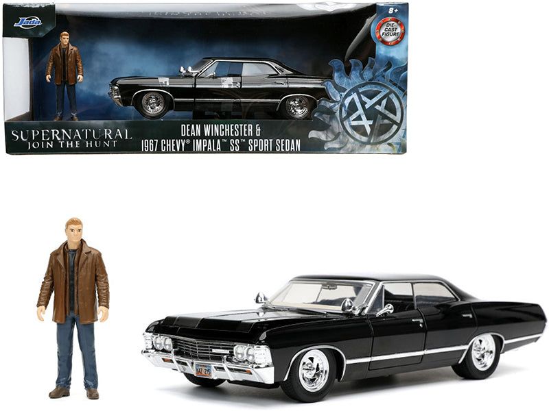 1967 Chevrolet Impala SS Sport Sedan Black and Dean Winchester Diecast Figurine 'Supernatural' (2005-2020) TV Series 'Hollywood Rides' Series 1/24 Diecast Model Car by Jada