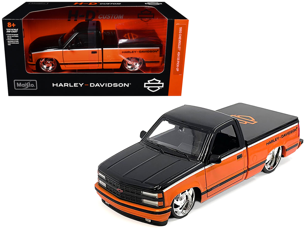 1993 Chevrolet 454 SS Pickup Truck 'Harley Davidson' Black and Orange 'H-D Custom' Series 1/24 Diecast Model Car by Maisto