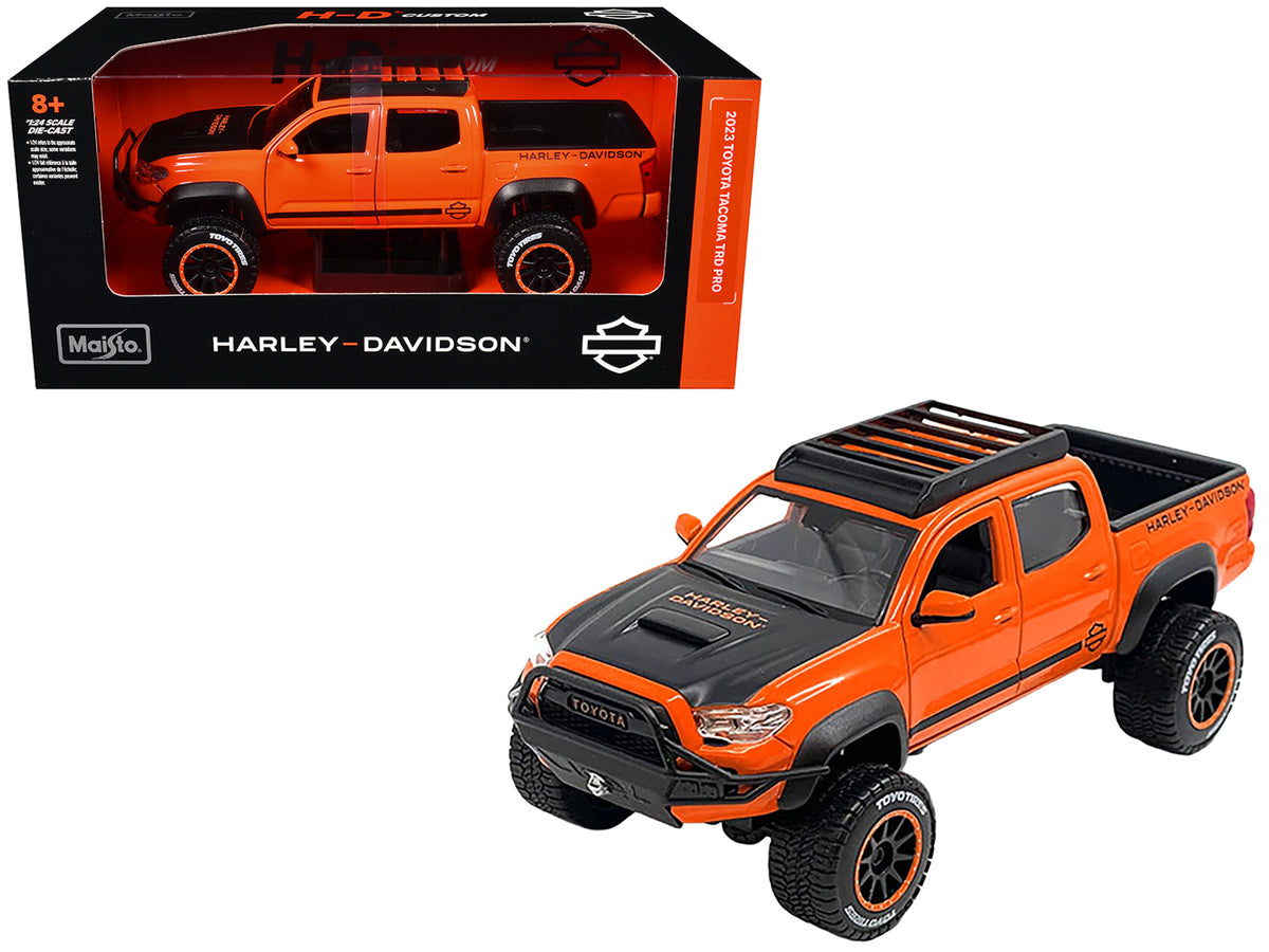 2023 Toyota Tacoma TRD Pro Pickup Truck 'Harley Davidson' Orange and Black with Roof Rack 'H-D Custom' Series 1/24 Diecast Model Car by Maisto