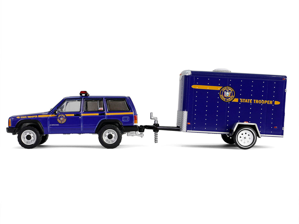 2001 Jeep Cherokee 'New York State Police' Blue with Yellow Stripes and Small Cargo Trailer 'Hot Pursuit Hitch & Tow' Series 1 1/64 Diecast Model Cars by Greenlight