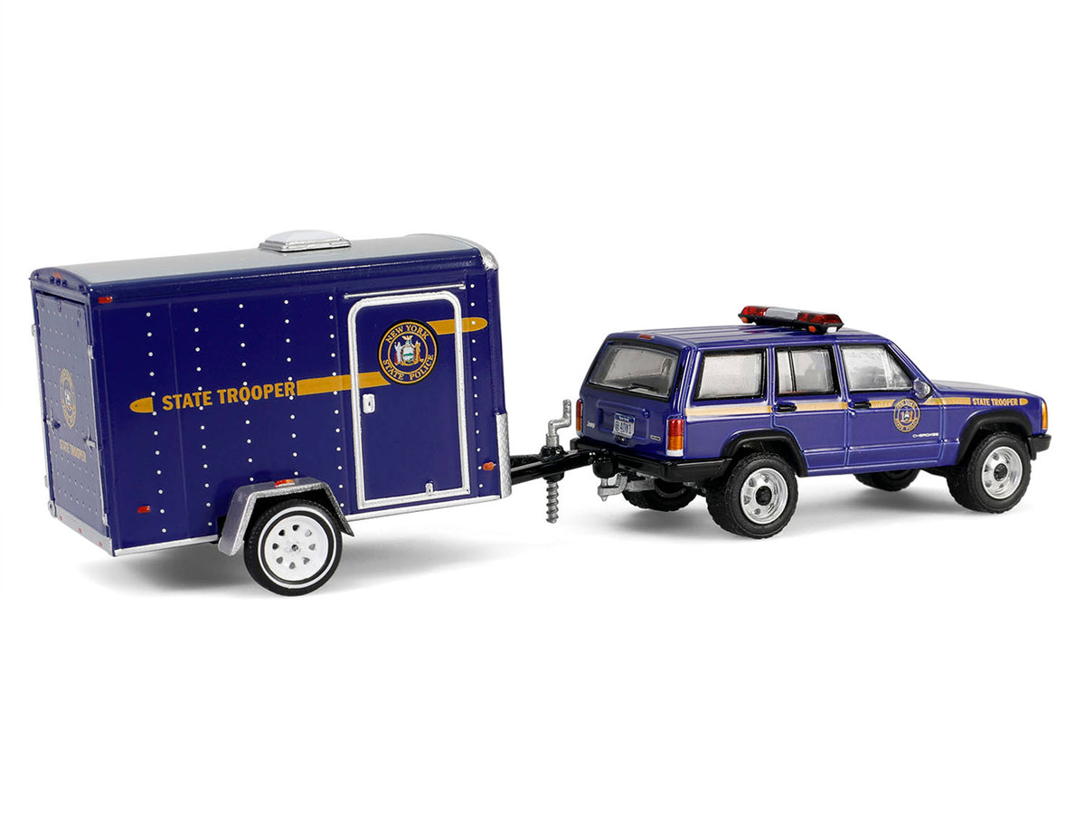2001 Jeep Cherokee 'New York State Police' Blue with Yellow Stripes and Small Cargo Trailer 'Hot Pursuit Hitch & Tow' Series 1 1/64 Diecast Model Cars by Greenlight