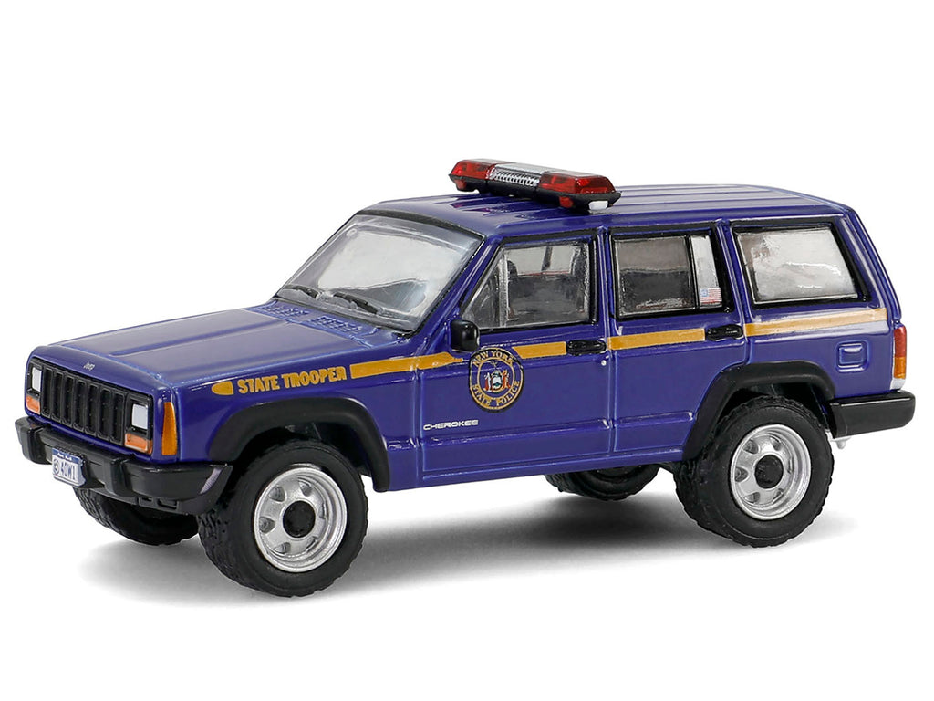 2001 Jeep Cherokee 'New York State Police' Blue with Yellow Stripes and Small Cargo Trailer 'Hot Pursuit Hitch & Tow' Series 1 1/64 Diecast Model Cars by Greenlight