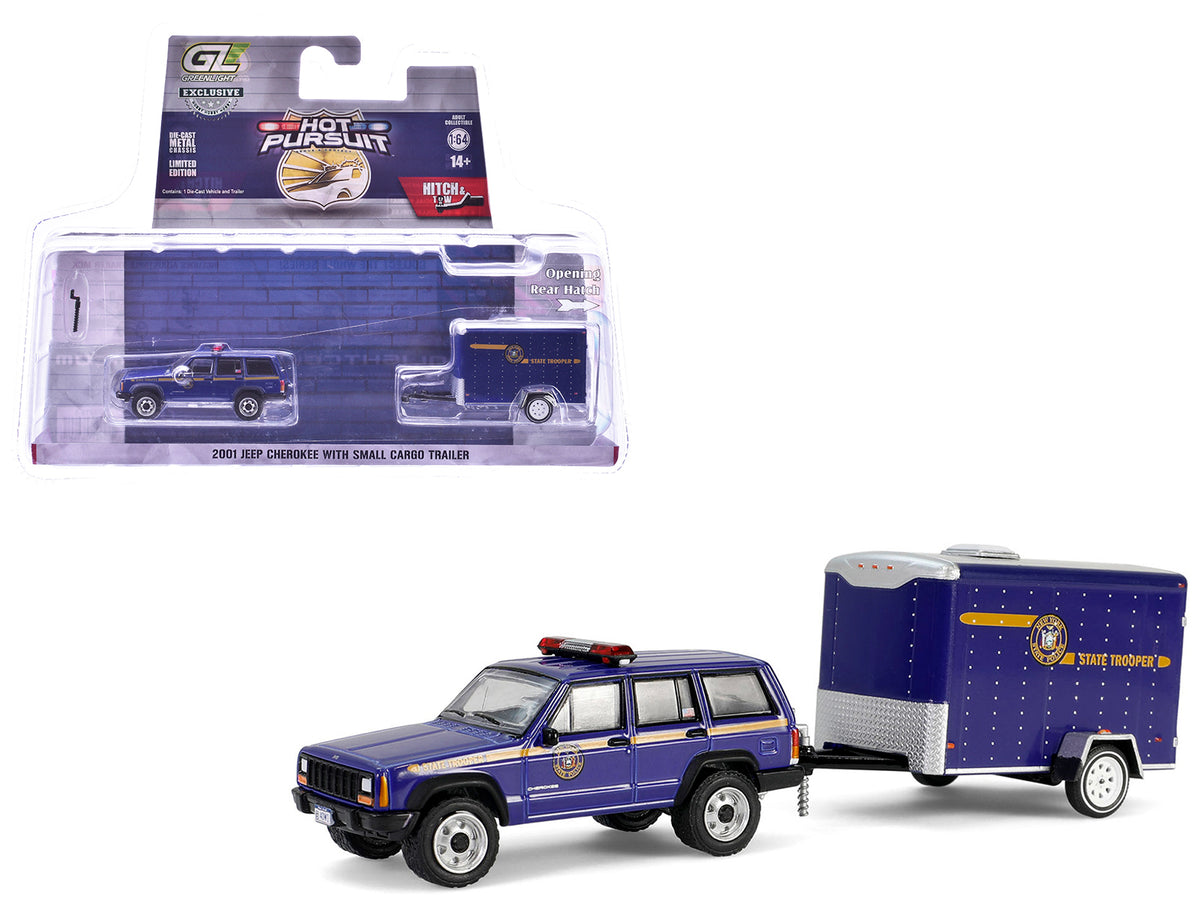 2001 Jeep Cherokee 'New York State Police' Blue with Yellow Stripes and Small Cargo Trailer 'Hot Pursuit Hitch & Tow' Series 1 1/64 Diecast Model Cars by Greenlight