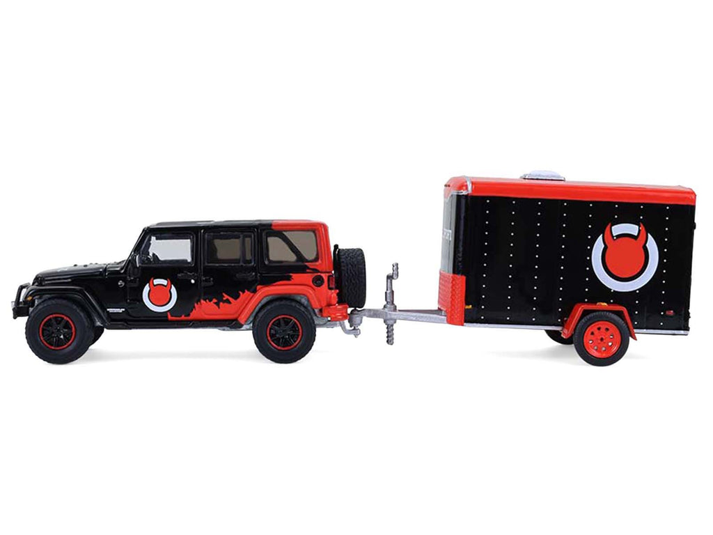 2012 Jeep Wrangler Unlimited 'Diablo Sport' Black with Red Graphics and Small Cargo Trailer 'Hitch & Tow' Series 33 1/64 Diecast Model Cars by Greenlight