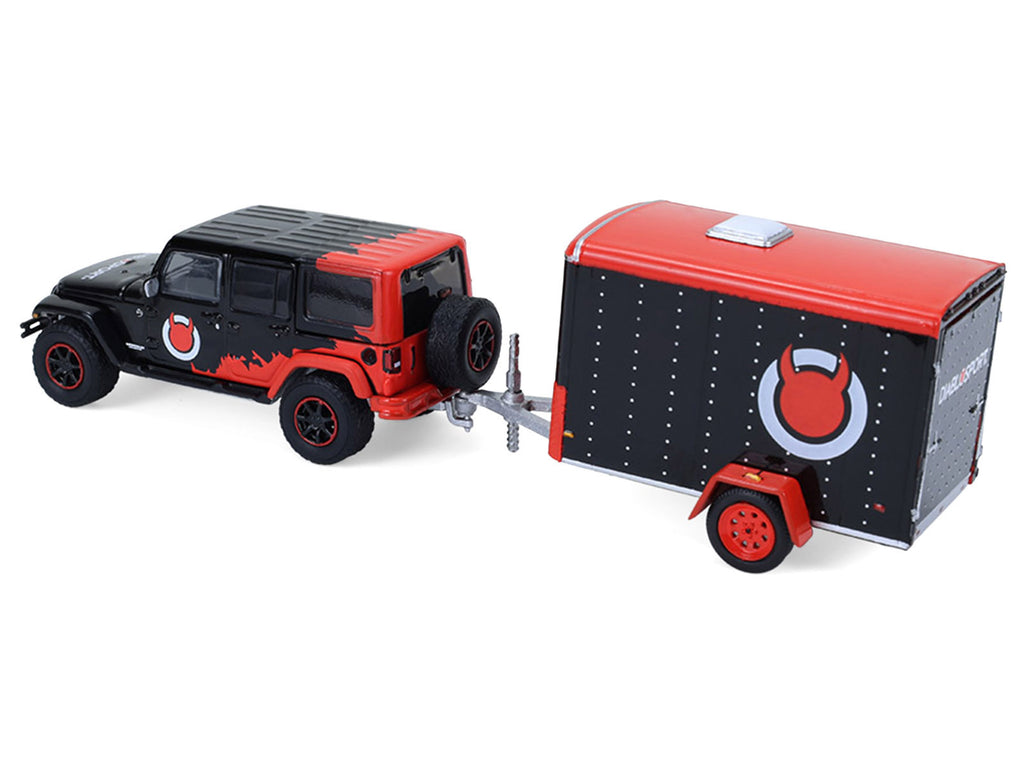 2012 Jeep Wrangler Unlimited 'Diablo Sport' Black with Red Graphics and Small Cargo Trailer 'Hitch & Tow' Series 33 1/64 Diecast Model Cars by Greenlight