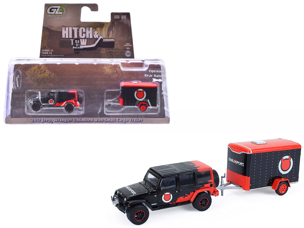 2012 Jeep Wrangler Unlimited 'Diablo Sport' Black with Red Graphics and Small Cargo Trailer 'Hitch & Tow' Series 33 1/64 Diecast Model Cars by Greenlight