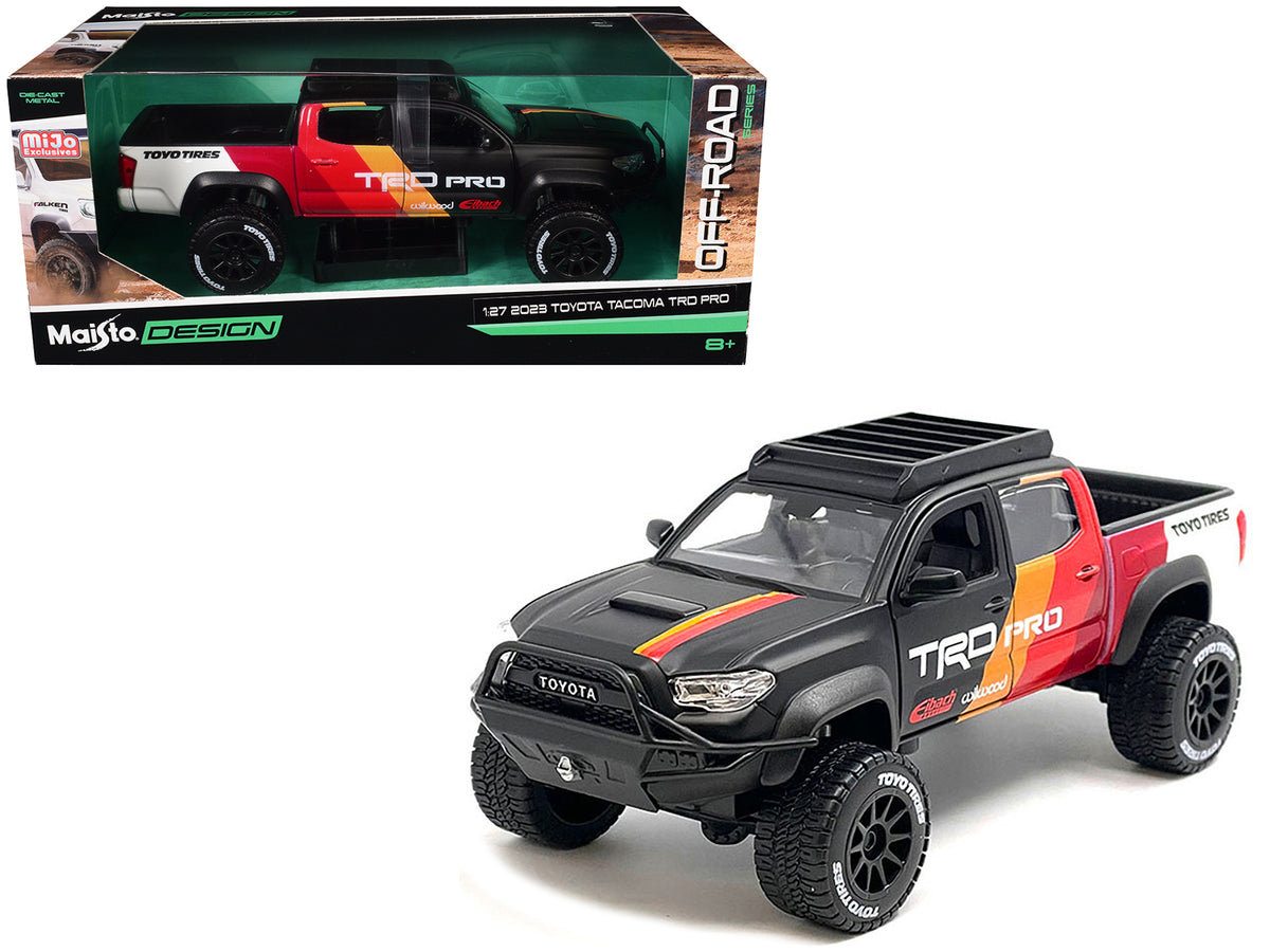 2023 Toyota Tacoma TRD PRO Off Road Pickup Truck Matt Black with Graphics and Roofrack 'Maisto Design' Series 1/27 Diecast Model Car by Maisto
