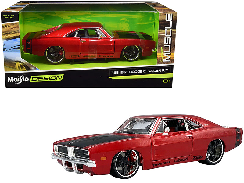 1969 Dodge Charger R/T Red Metallic with Black Hood and Black Stripes 'Classic Muscle' 1/25 Diecast Model Car by Maisto