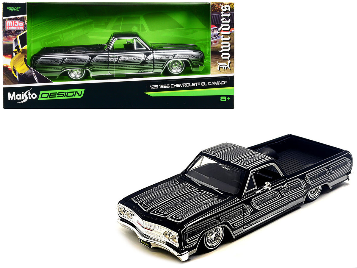 1965 Chevrolet El Camino Lowrider Black Metallic with Silver Graphics 'Lowriders' Series 1/25 Diecast Model Car by Maisto