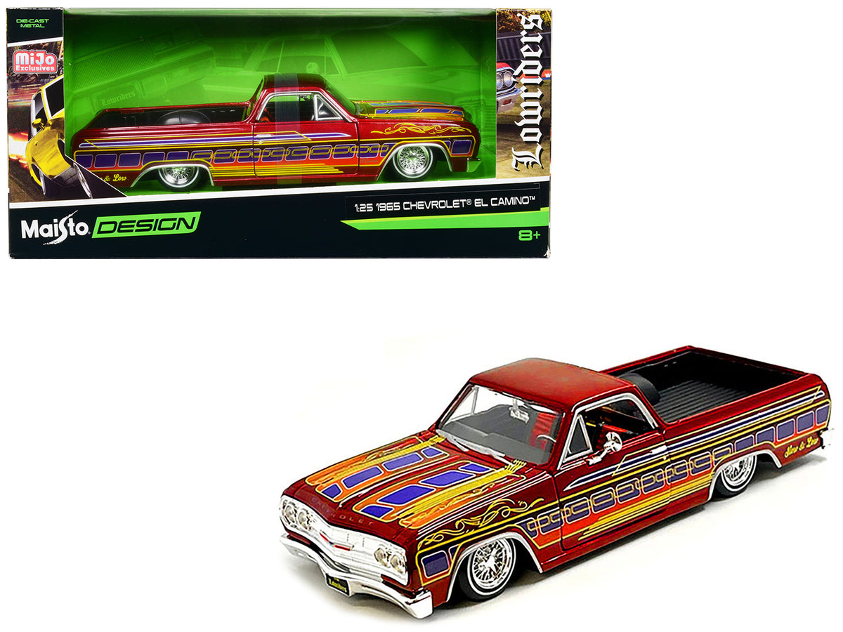 1965 Chevrolet El Camino Lowrider Candy Red Metallic with Graphics 'Lowriders' Series 1/25 Diecast Model Car by Maisto