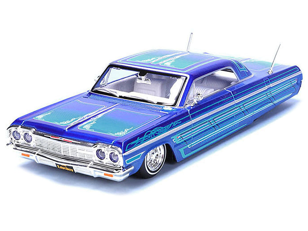 1964 Chevrolet Impala SS Lowrider Candy Blue with Graphics and White Interior 'Lowriders' 'Maisto Design' Series 1/26 Diecast Model Car by Maisto
