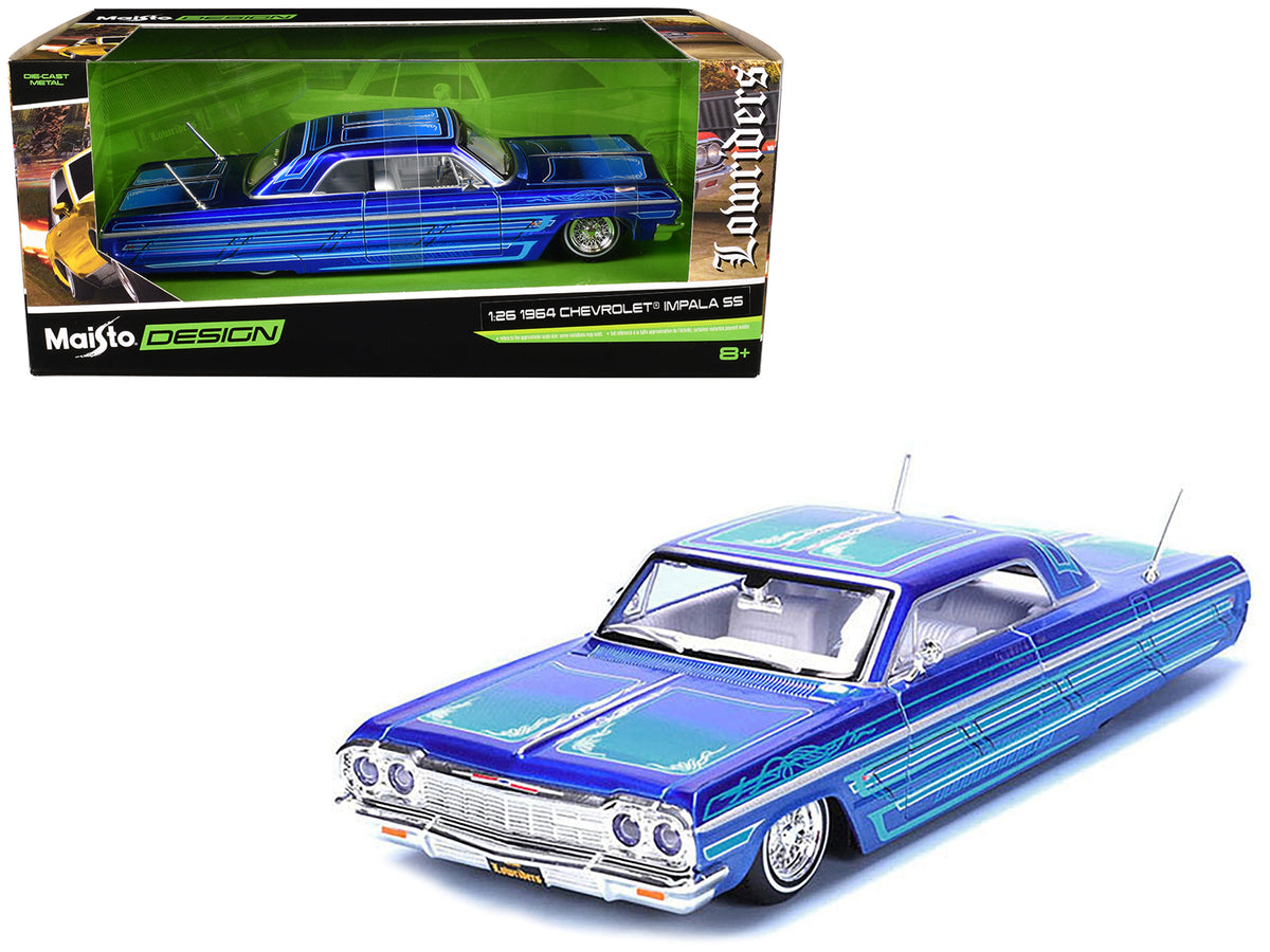 1964 Chevrolet Impala SS Lowrider Candy Blue with Graphics and White Interior 'Lowriders' 'Maisto Design' Series 1/26 Diecast Model Car by Maisto