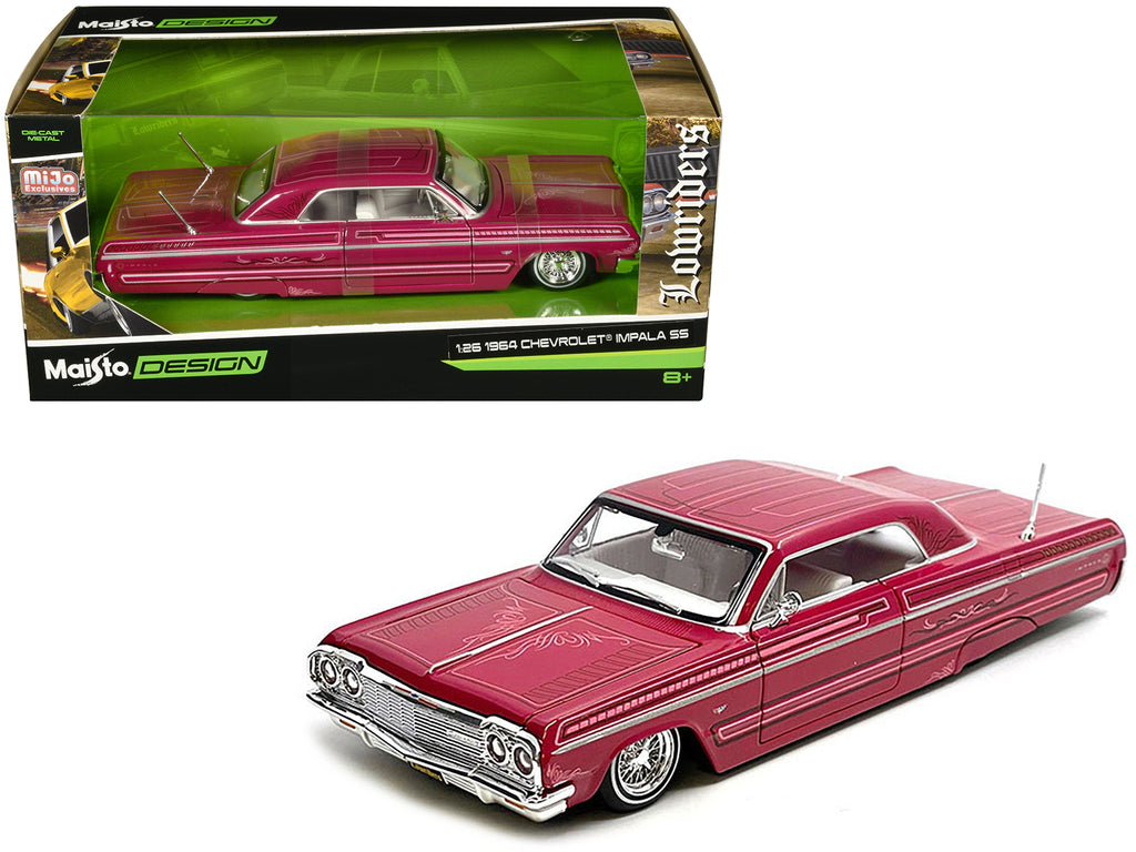 1964 Chevrolet Impala SS Lowrider Pink with Graphics and White Interior 'Lowriders' 'Maisto Design' Series 1/26 Diecast Model Car by Maisto