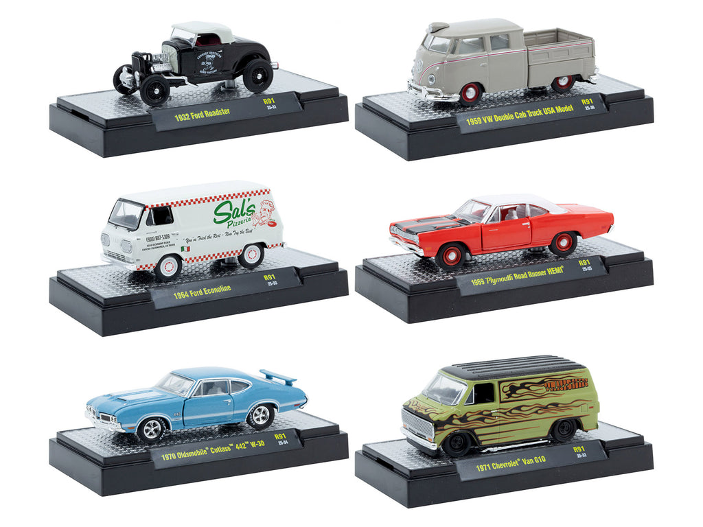 'Auto Meets' Set of 6 Cars IN DISPLAY CASES Release 91 Limited Edition 1/64 Diecast Model Cars by M2 Machines